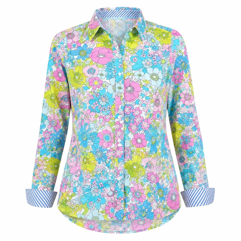 Talbots petite colorful pastel Floral Shirt Long Sleeve medium resort preppy top